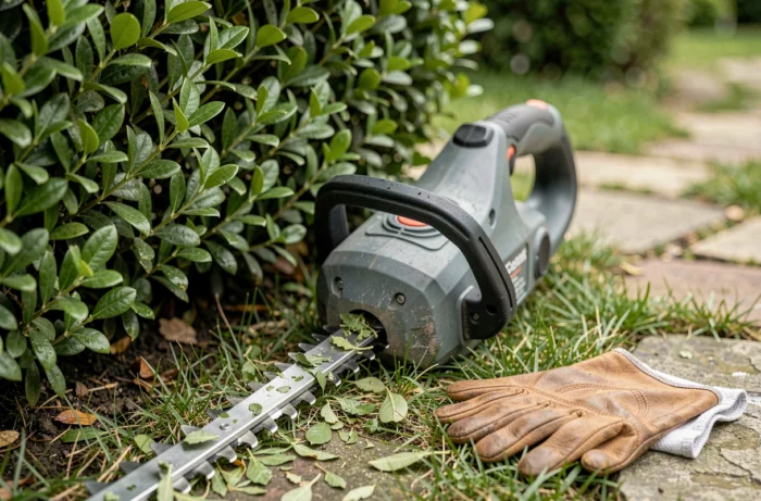 Gros plan d'un taille-haie sans fil posé contre une haie de laurier fraîchement taillée avec des gants de jardinage