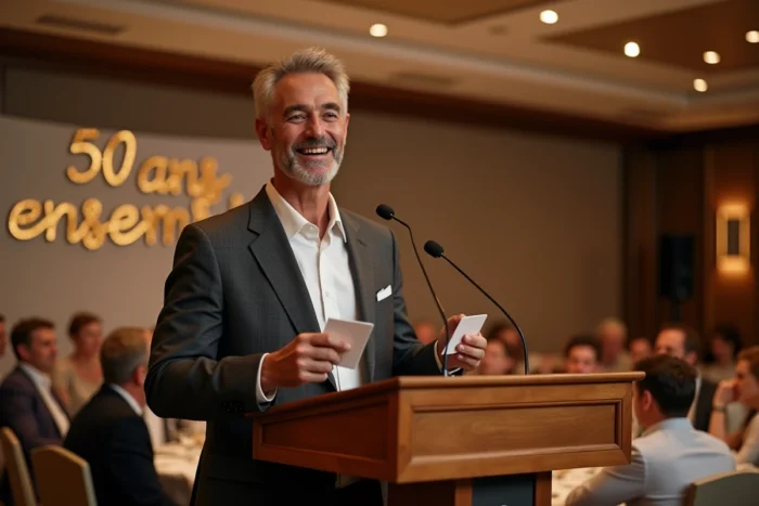 Homme souriant prononçant un discours humoristique lors d'un anniversaire de mariage de 50 ans