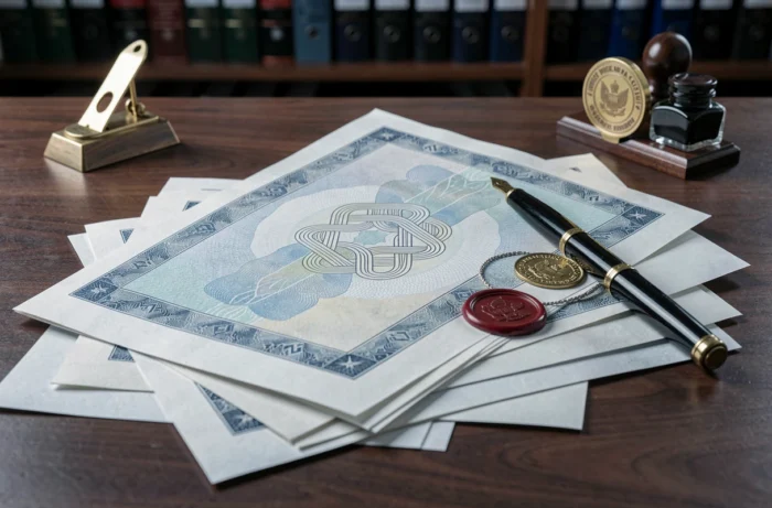 Gros plan sur des documents officiels avec filigranes de sécurité et cachet officiel sur un bureau en bois