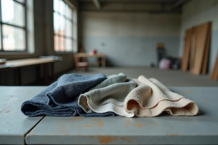 Échantillons de textiles variés en coton, lin, polyester et laine disposés en grille sur une surface en béton