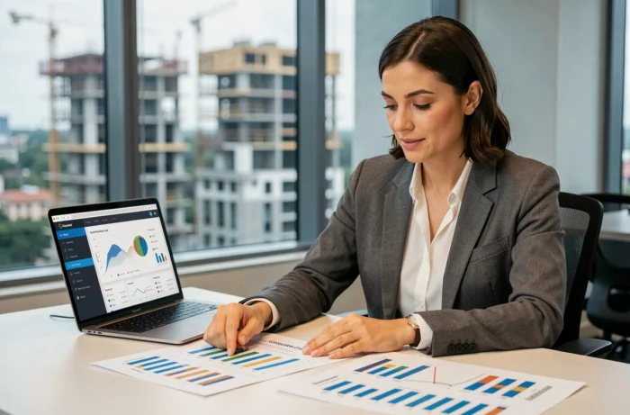 Économiste analysant des graphiques de tendances des coûts de construction dans un bureau avec vue sur la ville