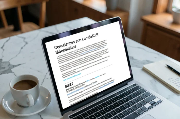 Écran d'ordinateur affichant une page de mentions légales d'un site internet français posé sur un bureau en marbre blanc