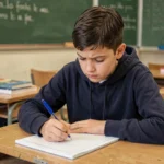Élève de 5ème en train d'écrire une rédaction dans un cahier ligné en classe de français