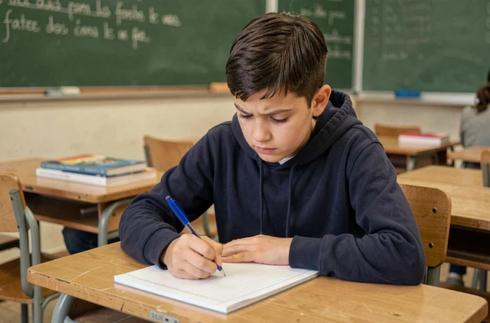 Élève de 5ème en train d'écrire une rédaction dans un cahier ligné en classe de français