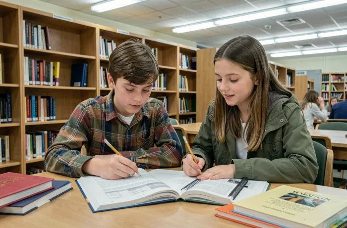 Deux élèves de collège consultant ensemble un corrigé de rédaction en cinquième dans une bibliothèque scolaire