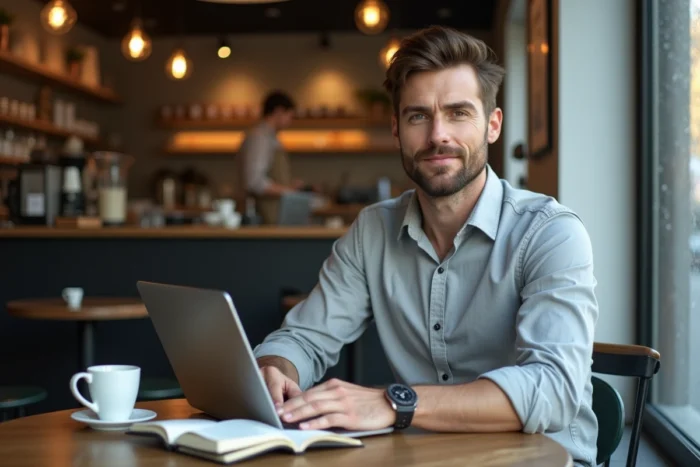 Entrepreneur travaillant seul dans un café sur la gestion administrative et les services de son entreprise