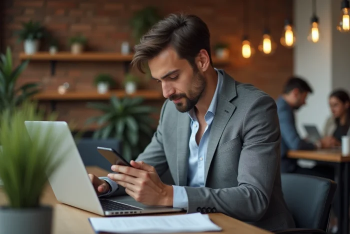 Jeune entrepreneur travaillant sur laptop et smartphone dans un espace de coworking au design industriel contemporain