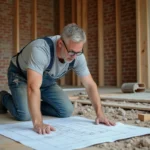 Entrepreneur en bâtiment consultant des plans de rénovation sur un chantier de rénovation immobilière