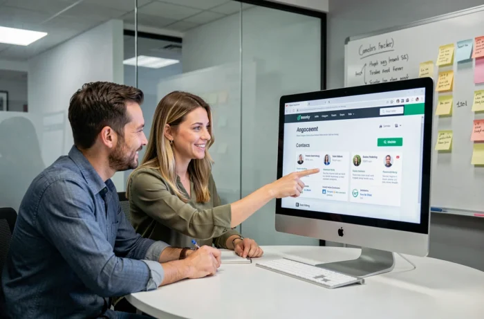 Deux collègues consultant ensemble le site d'une agence web professionnelle en salle de réunion