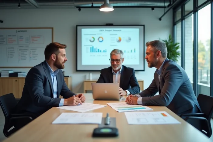 Équipe de professionnels discutant de l'implémentation d'un ERP autour d'une table de réunion