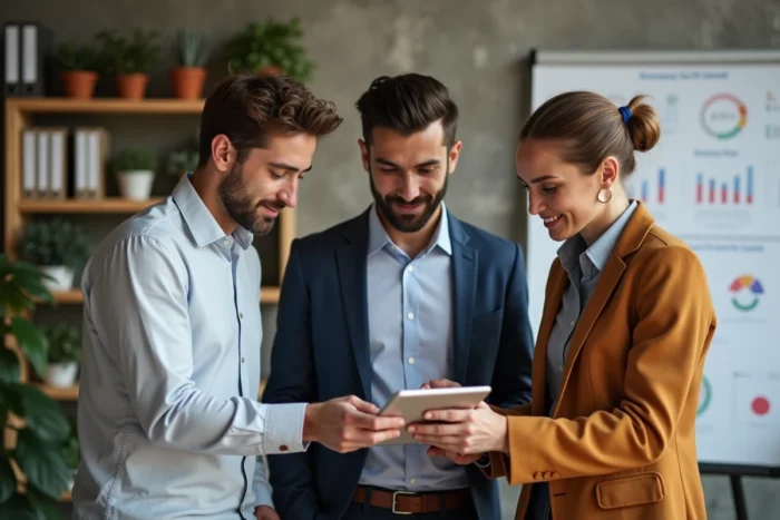 Équipe de professionnels collaborant autour d'un tableau de bord numérique pour gérer les services de leur entreprise