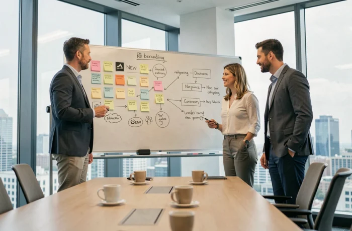 Une équipe de professionnels planifiant le rebranding et les nouvelles fonctionnalités d'une application sur un tableau blanc dans une salle de réunion moderne