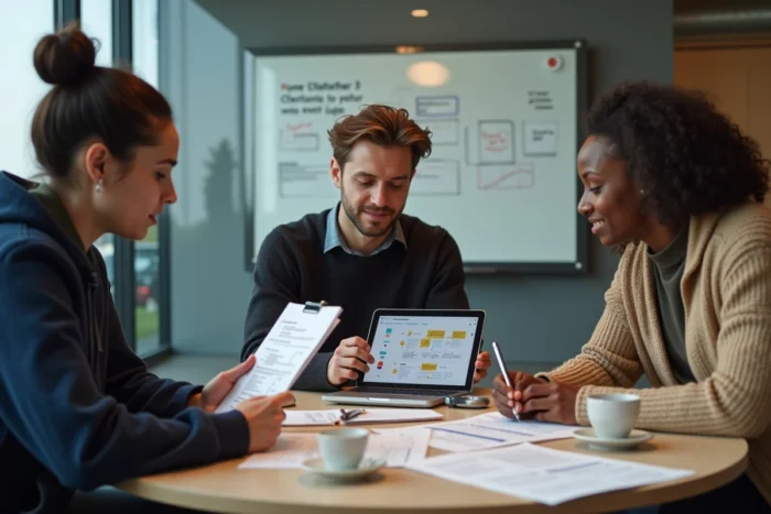 Équipe de professionnels en réunion pour planifier une stratégie de contenu et de présence web autour d'une table avec des documents et une tablette