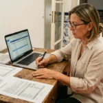 Femme expatriée estimant son budget de séjour longue durée au Portugal dans un appartement lisboète avec documents et ordinateur portable