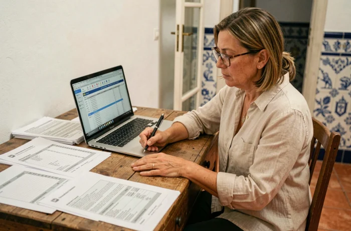 Femme expatriée estimant son budget de séjour longue durée au Portugal dans un appartement lisboète avec documents et ordinateur portable