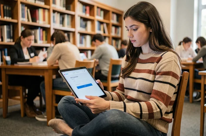 Étudiante se connectant au webmail académique de Nantes sur une tablette dans une bibliothèque universitaire