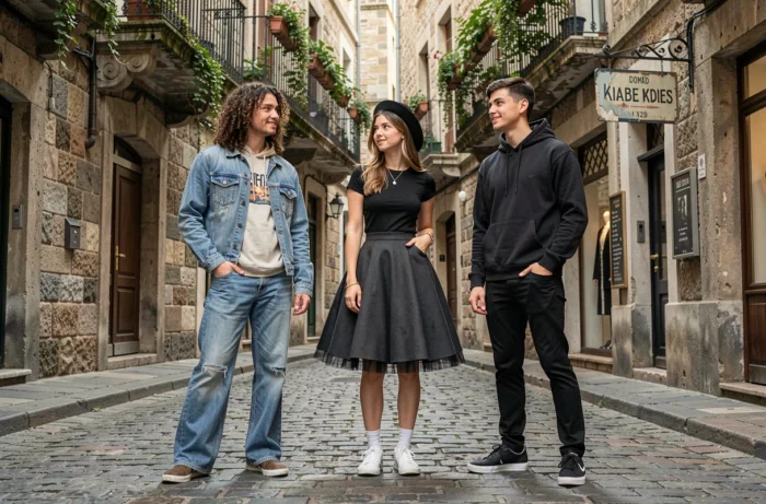 Étudiants en mode portant des tenues inspirées de différentes décennies de l'histoire vestimentaire dans une rue pavée européenne