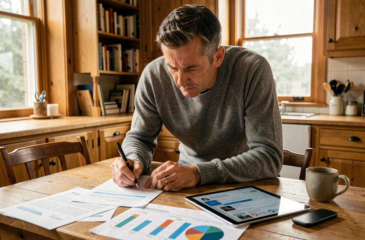 Homme à domicile comparant des avis et des informations sur un service en ligne pour évaluer sa fiabilité