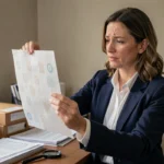 Femme professionnelle examinant une feuille de papier filigrané sécurisé dans un bureau officiel