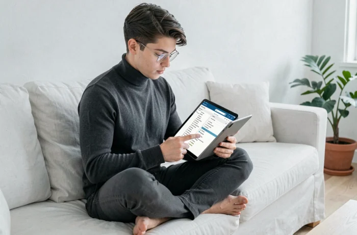 Jeune personne explorant le plan de site d'un blog sur une tablette dans un salon minimaliste