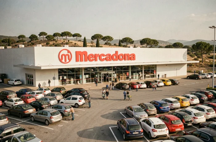 Façade extérieure d'un supermarché Mercadona près de la frontière franco-espagnole avec parking animé