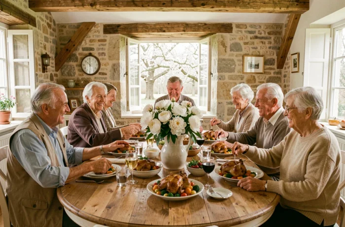 Famille réunie autour d'un repas de Pentecôte dans une maison de campagne française avec un décor floral printanier