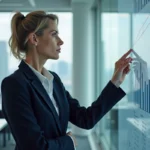 Femme d'affaires analysant des graphiques financiers sur écran tactile dans un bureau moderne en open space