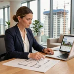 Femme professionnelle analysant des plans et des annonces immobilières pour un investissement dans un programme neuf
