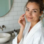 Femme appliquant un sérum hydratant sur son visage dans une salle de bain minimaliste, routine beauté quotidienne