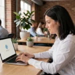 Une femme dans un bureau moderne découvrant la nouvelle interface et le nouveau nom d'une application professionnelle sur son ordinateur portable