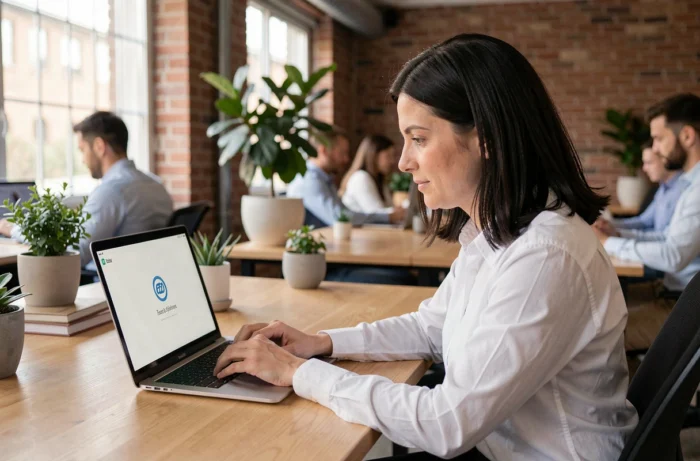 Une femme dans un bureau moderne découvrant la nouvelle interface et le nouveau nom d'une application professionnelle sur son ordinateur portable