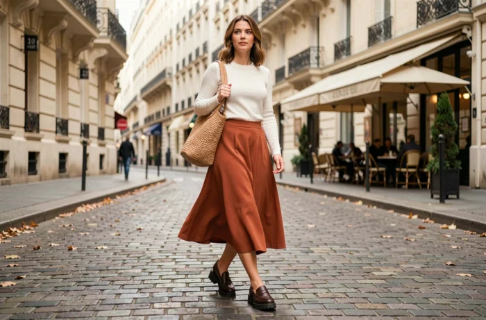 Femme élégante portant des chaussures tendance et accessoires de saison dans une rue parisienne pavée en automne