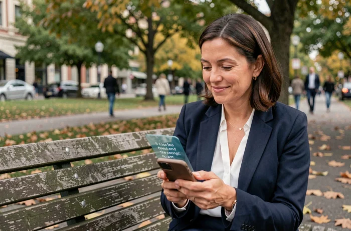 Femme lisant une citation positive sur son smartphone dans un parc urbain pendant une pause