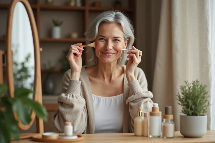 Femme mature appliquant une crème teintée devant une coiffeuse en bois dans une chambre au style scandinave, rituel beauté