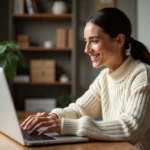 Femme consultant ses réservations passées sur Booking depuis son bureau à domicile