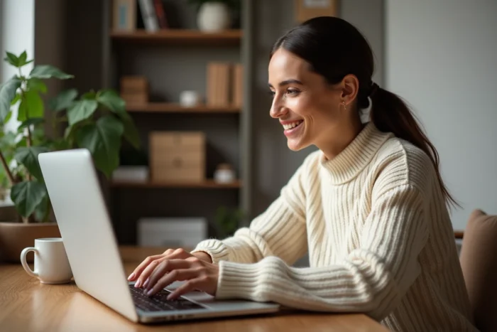 Femme consultant ses réservations passées sur Booking depuis son bureau à domicile