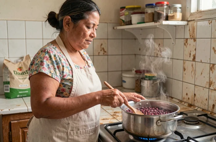 Femme cuisinant des haricots rouges dans une casserole sur une cuisinière dans une cuisine familiale authentique