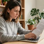 Femme analysant un document suspect sur son ordinateur portable pour détecter une arnaque en ligne liée à maficheclasse