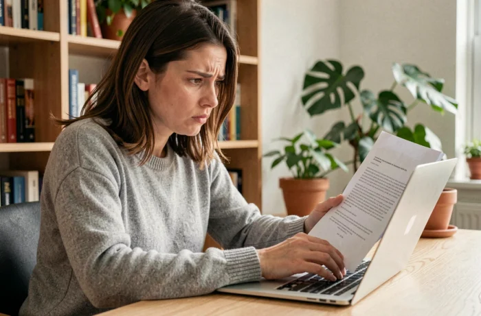 Femme analysant un document suspect sur son ordinateur portable pour détecter une arnaque en ligne liée à maficheclasse