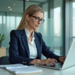 Femme dirigeante d'entreprise consultant des documents de gestion dans un bureau moderne et lumineux