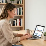 Femme entrepreneur travaillant sur son business en ligne depuis un bureau à domicile moderne