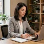 Femme professionnelle suivant une formation en ligne à son bureau à domicile, prenant des notes sur un ordinateur portable ouvert