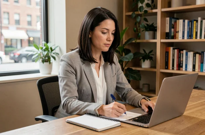 Femme professionnelle suivant une formation en ligne à son bureau à domicile, prenant des notes sur un ordinateur portable ouvert