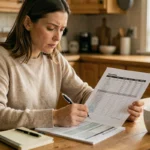 Femme gérant son budget mensuel avec un tableau de dépenses imprimé et un stylo à la main, assise dans une cuisine chaleureuse