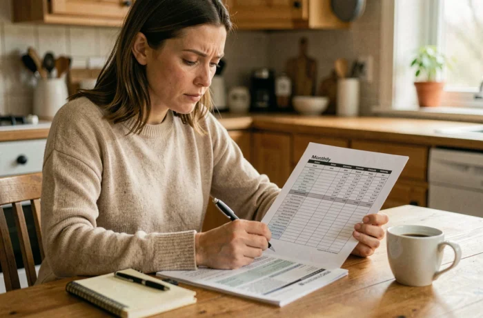 Femme gérant son budget mensuel avec un tableau de dépenses imprimé et un stylo à la main, assise dans une cuisine chaleureuse