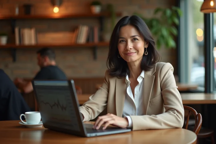 Femme investisseuse consultant un tableau de bord boursier sur ordinateur portable dans un café parisien chaleureux