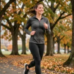 Femme en train de courir dans un parc urbain en automne, illustrant les bienfaits du sport sur la santé