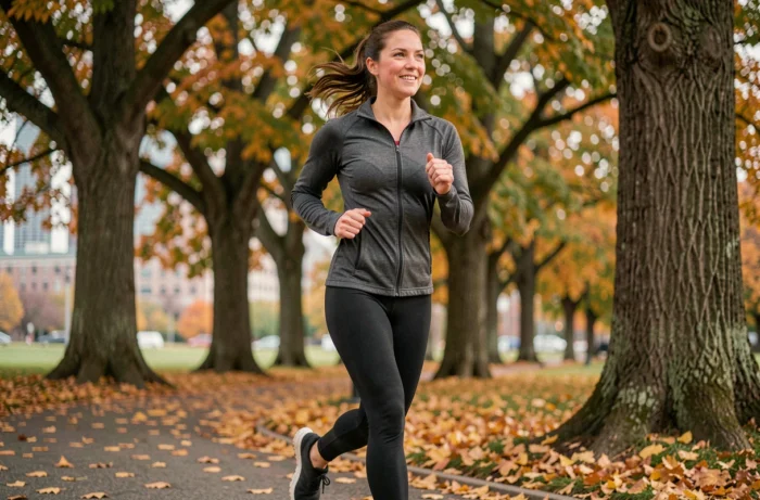 Femme en train de courir dans un parc urbain en automne, illustrant les bienfaits du sport sur la santé