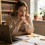 Jeune femme concentrée jouant à un jeu de devinettes de mots sur un ordinateur portable avec des notes manuscrites sur son bureau