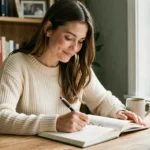 Jeune femme écrivant une citation positive dans son journal intime à son bureau en bois